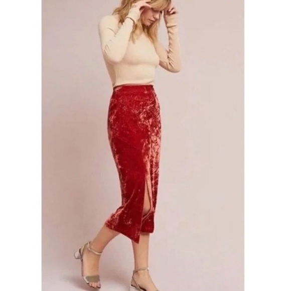 Anthropologie Dresses & Skirts - Maeve Anthropologie Crushed Velvet Midi Skirt Orange Straight Pencil Size 4